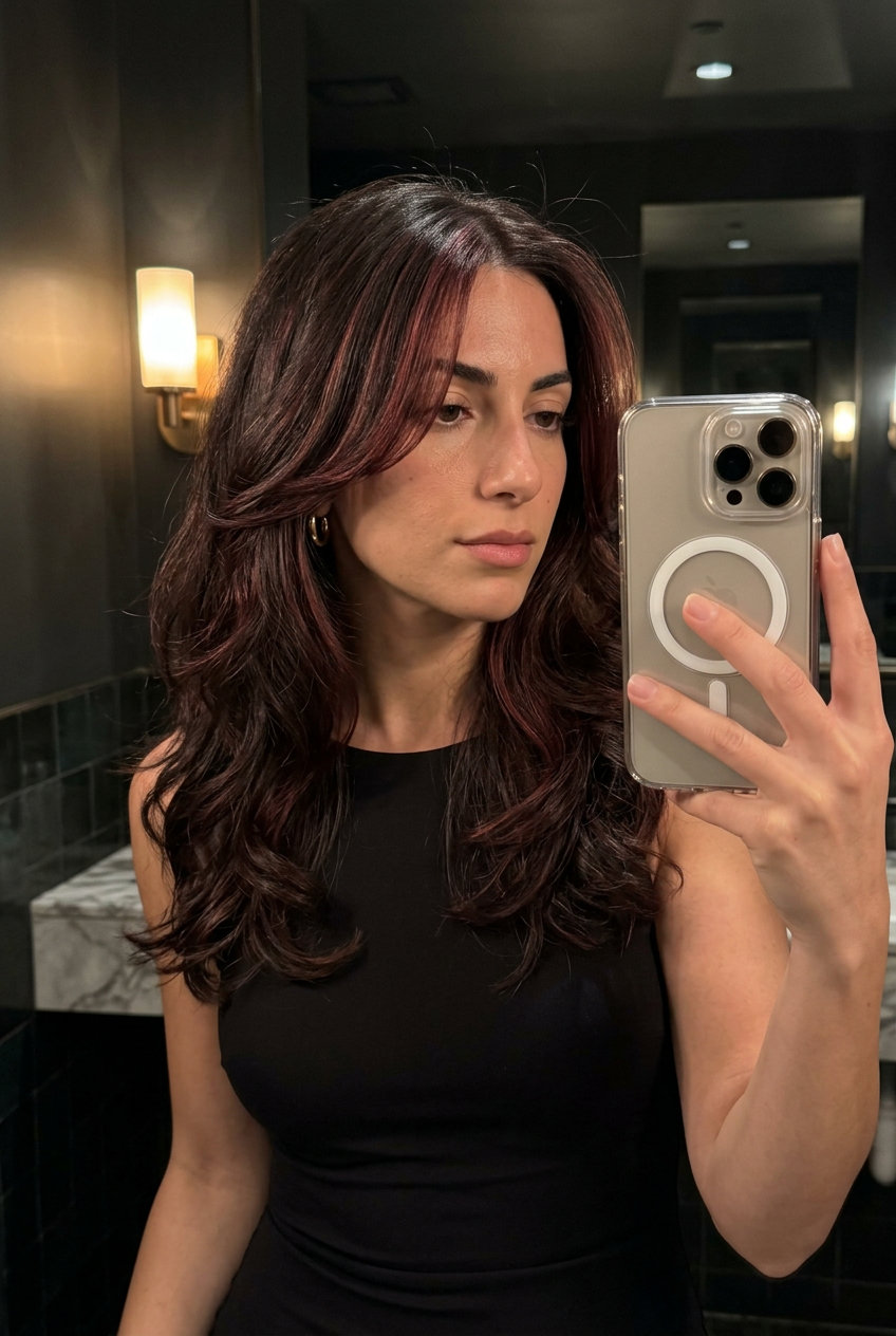 long espresso brunette face-frame with oxblood red, warm balayage highlights for summer
