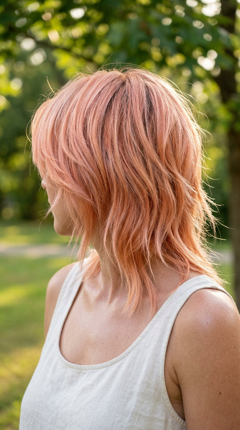 lob wolf cut in pastel peach with strawberry blonde accents and piecey face-frame