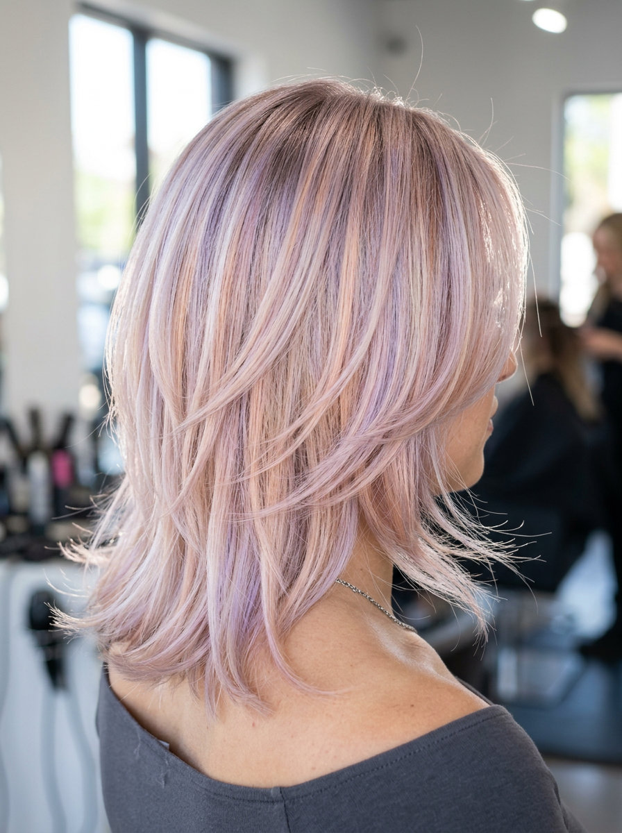 long pastel prism air touch balayage with lavender, peach, rose gold, mint on platinum blonde for festival