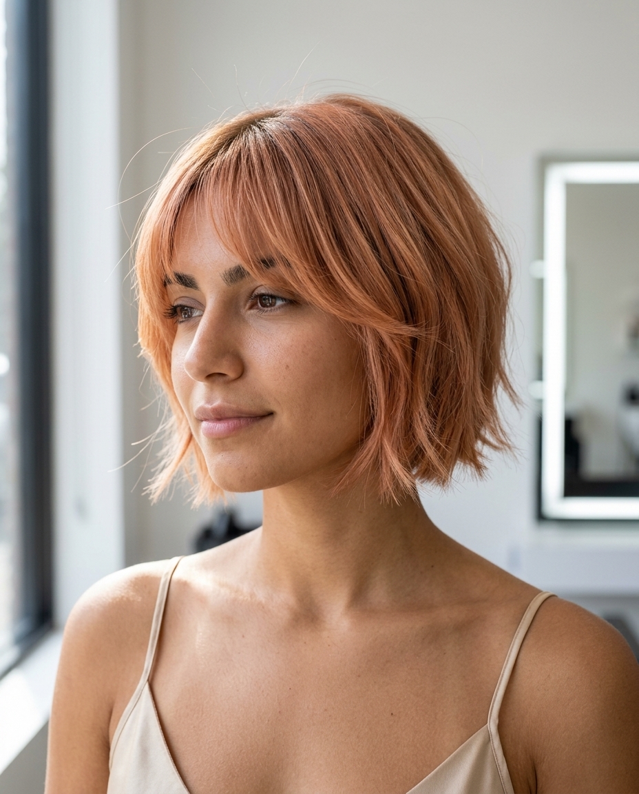 short bob haircut with pastel peach fuzz copper, strawberry blonde babylights and wispy fringe for playful