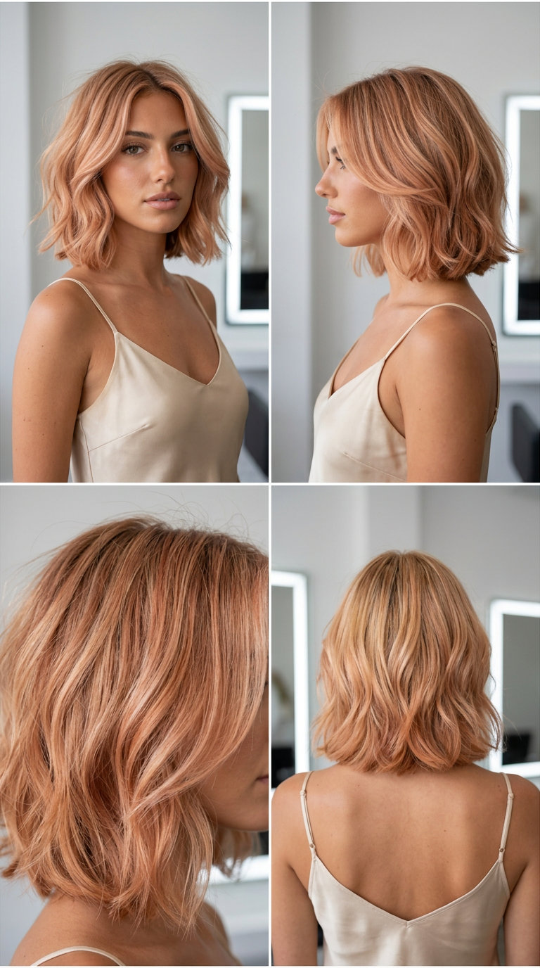 chin-length peach fuzz butterfly bob with playful layers and strawberry blonde accents for energetic look