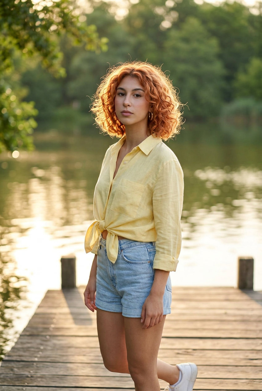 short peach fuzz copper bob with apricot undertones and playful curls for date night