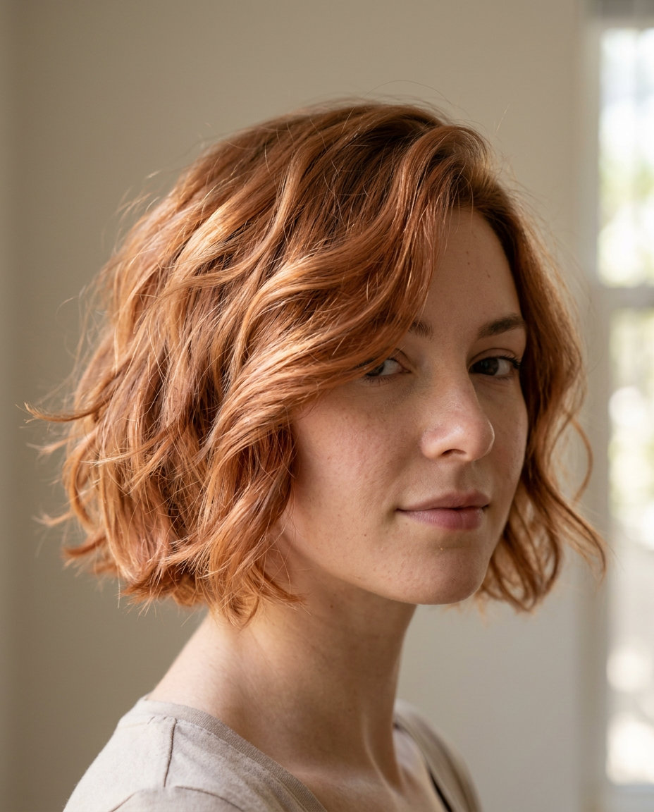 short peach fuzz copper pixie haircut with strawberry blonde highlights, soft waves, no fringe for date night