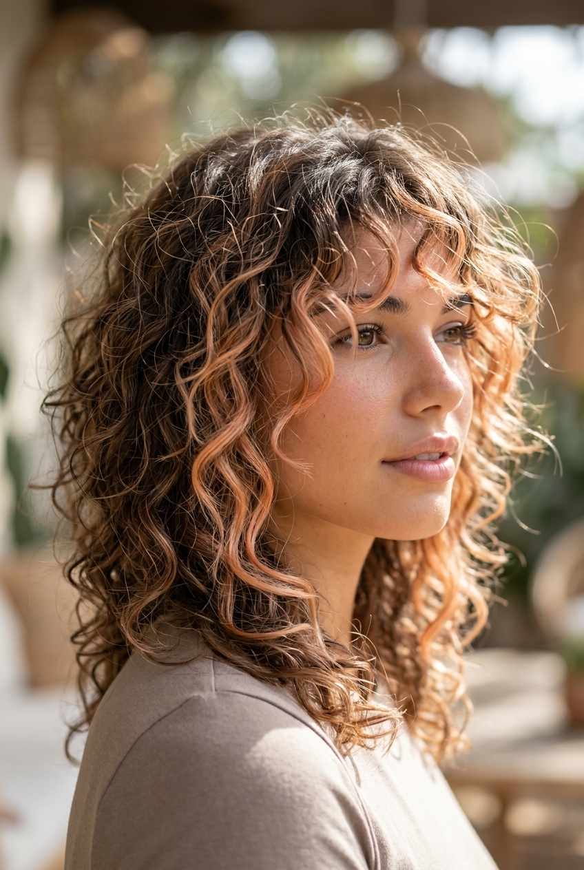 medium-length curly wolflet in natural brunette with peach money pieces, internal layers, and curly fringe for playful style