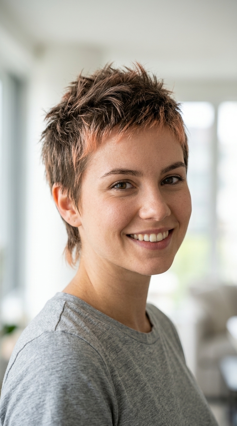 short peach fuzz wolf cut with choppy layers and micro-bangs for playful style