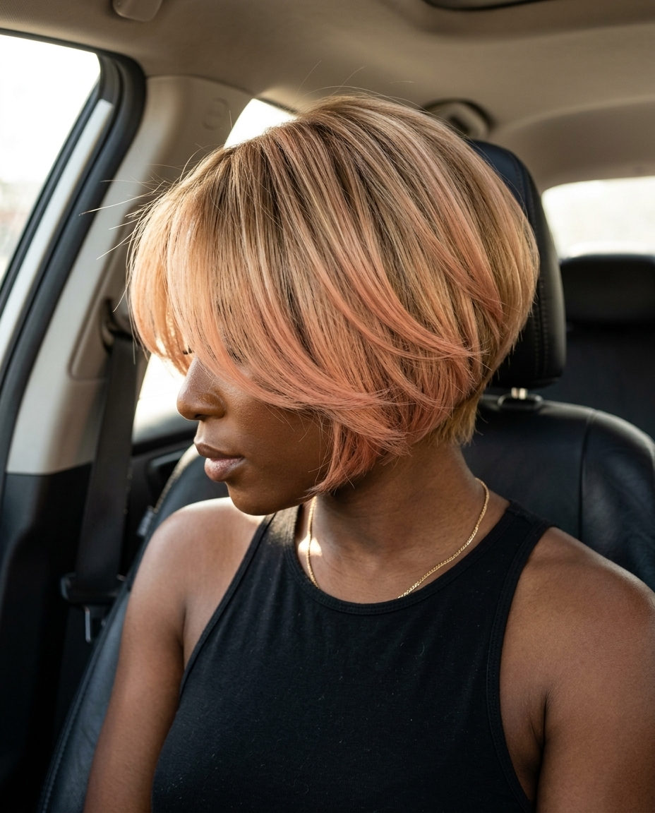 short peach ombré bixie haircut with wispy layers and soft face-framing for a dreamy look