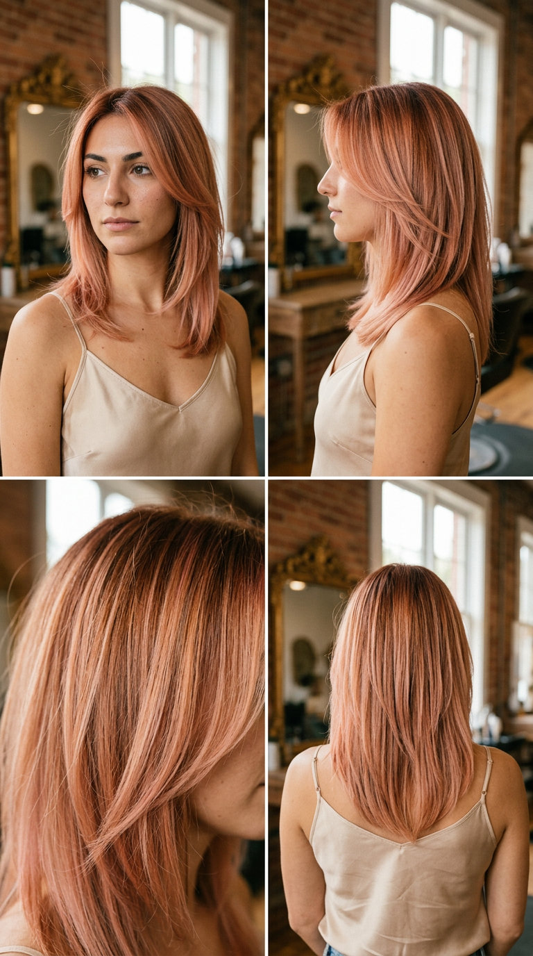 Peach-Infused Auburn Gloss 2026 long layered auburn hair color with peach & pink pastel tones, custom gloss — bold & romantic
