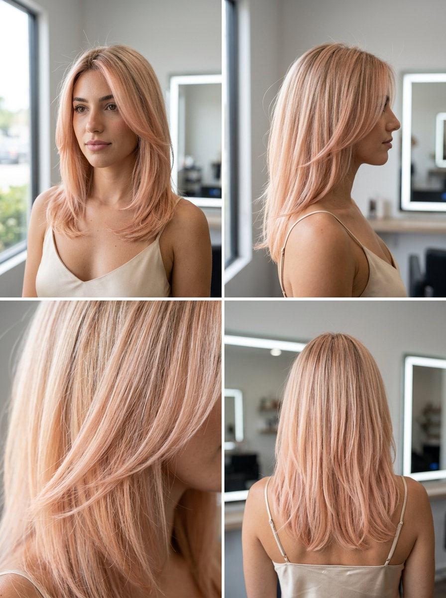 long layered hair with soft peach, Air Touch balayage, delicate pink — playful festival look