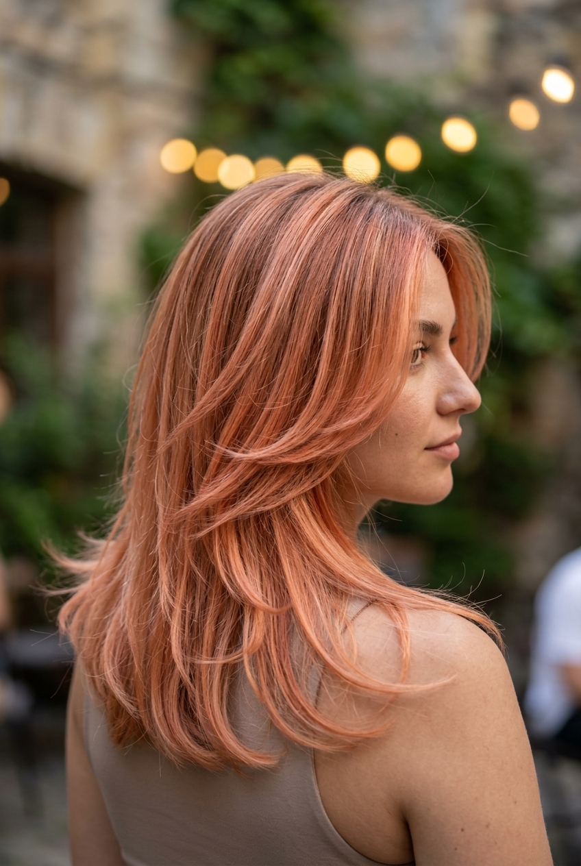 medium kitty cut haircut with peach sorbet balayage and side-swept fringe for summer