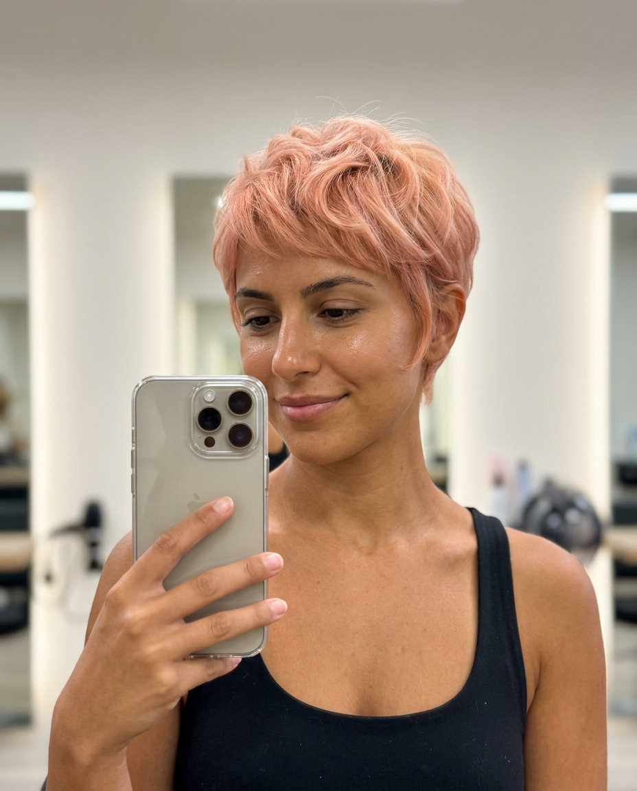 Peachy Pink Pixie Haircut 2026 very short layered pixie haircut with peachy pink, soft waves for romantic playful