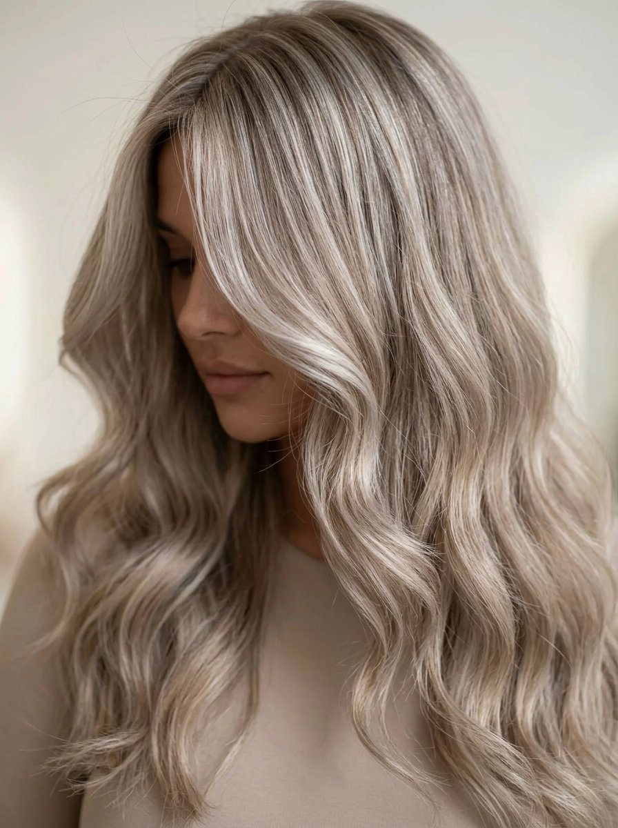 Summer Ash Blonde Hair Color 2026: Long Layers long ash blonde hair with pearl ash, icy silver-ash highlights, soft cascading layers for summer