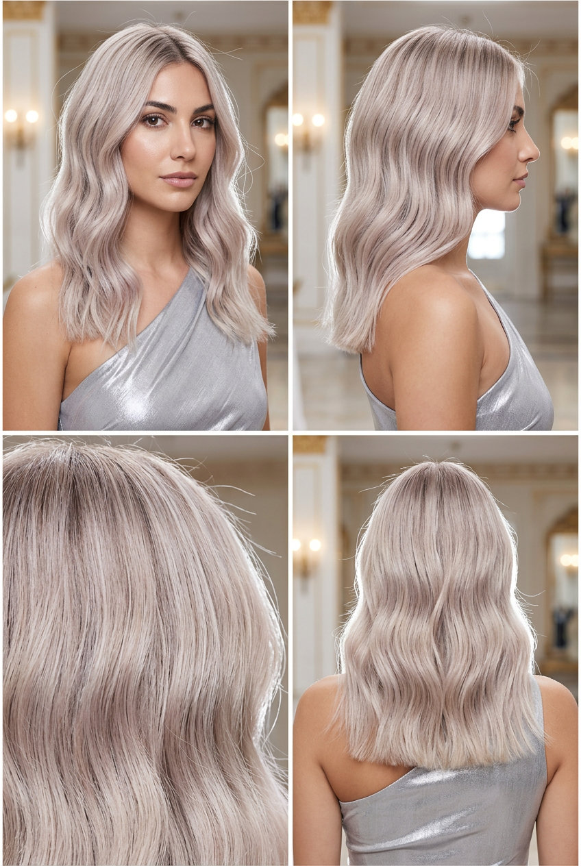 medium-long wavy hairstyle with pearl blonde, cool ash root smudge and blunt cut for formal events