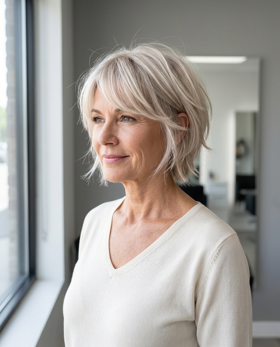 soft bixie haircut with pearl blonde, platinum highlights, shadow root, razored ends — playful chic style
