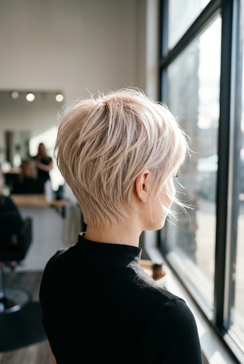 short pearly champagne blonde with minimal root smudge, all-over toner — chic daily