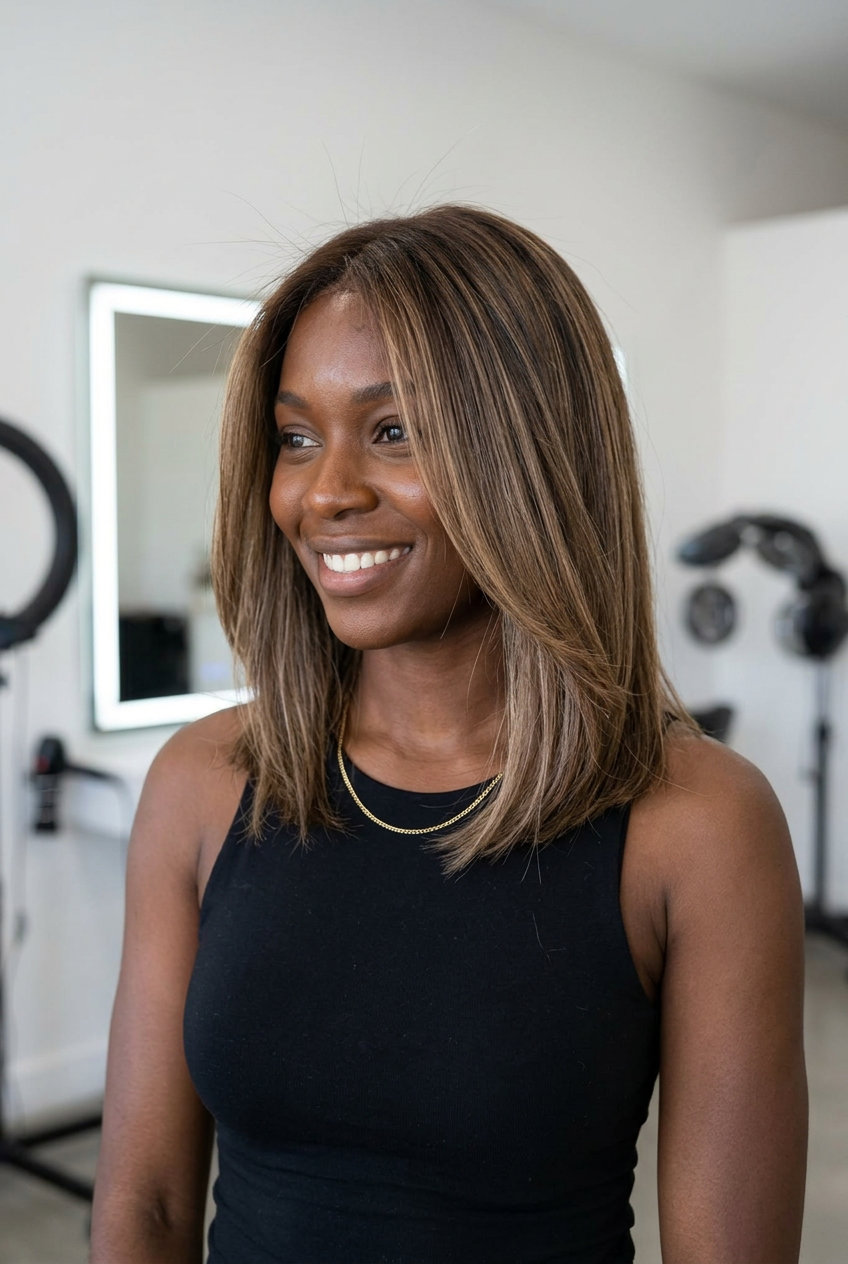 long layered hair with pecan brown, sandy beige, Air Touch balayage — soft French chic
