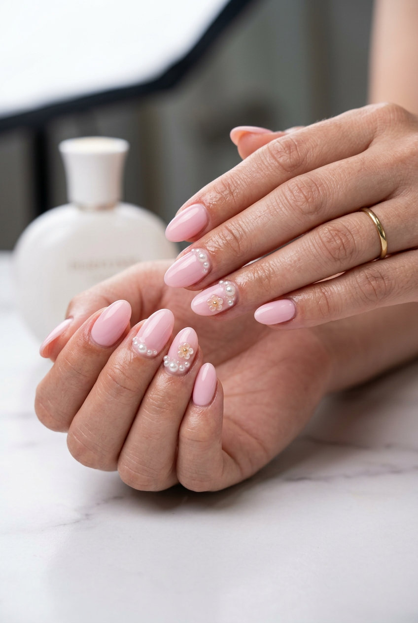 Whimsical pastel pink nails with 3D charms for wedding guests. Romantic pink summer nails 2026.