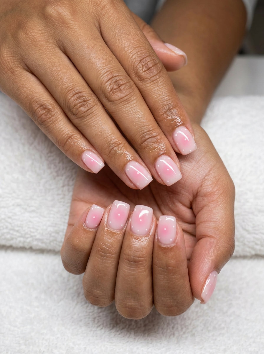 Minimalist sheer pink aura nails with tiny white dots. Chic daily and work-appropriate pink summer nails 2026.