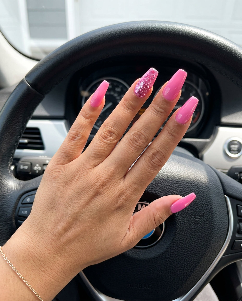 Glamorous Barbie pink nails with dazzling glitter accent for parties. Playful pink summer nails 2026.
