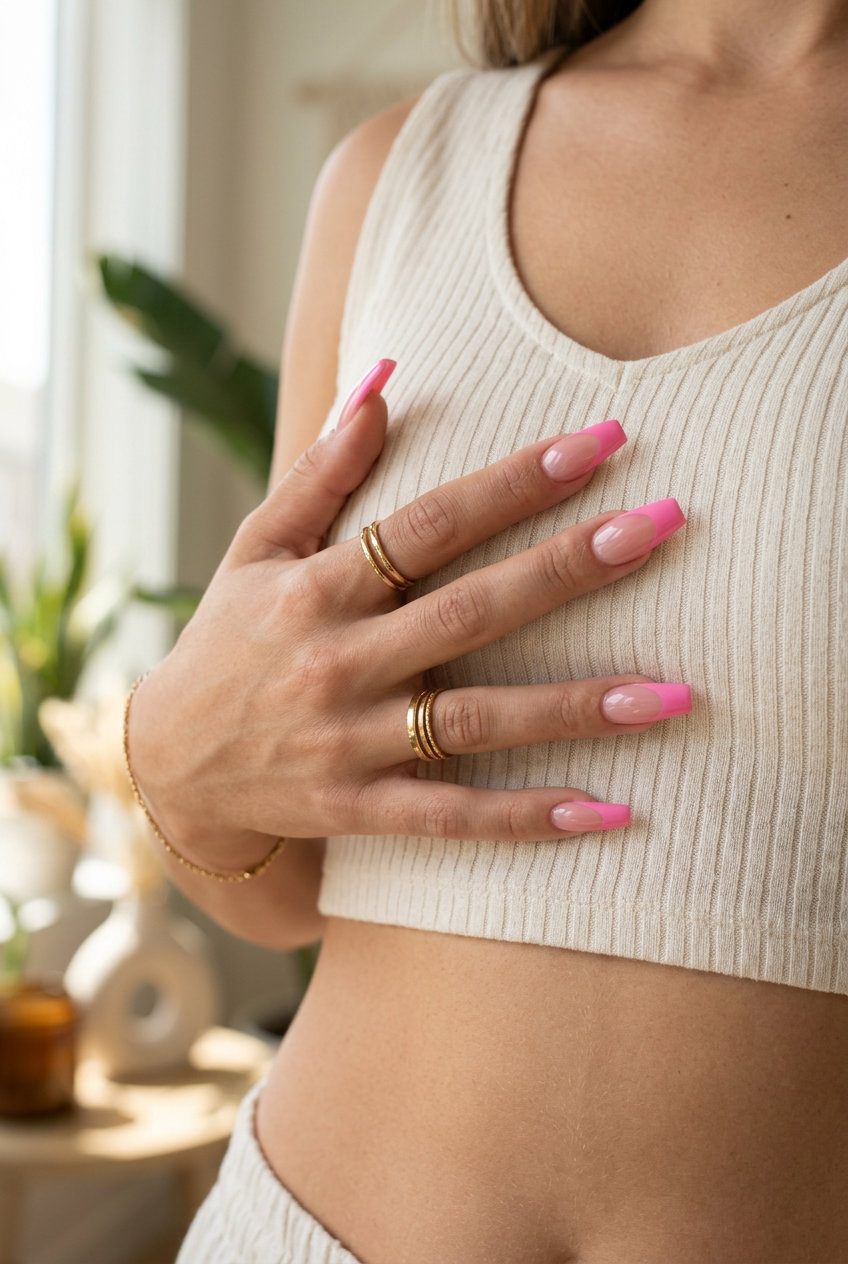 Bold Barbie pink reverse French nails for parties and summer nights out. Pink summer nails 2026.