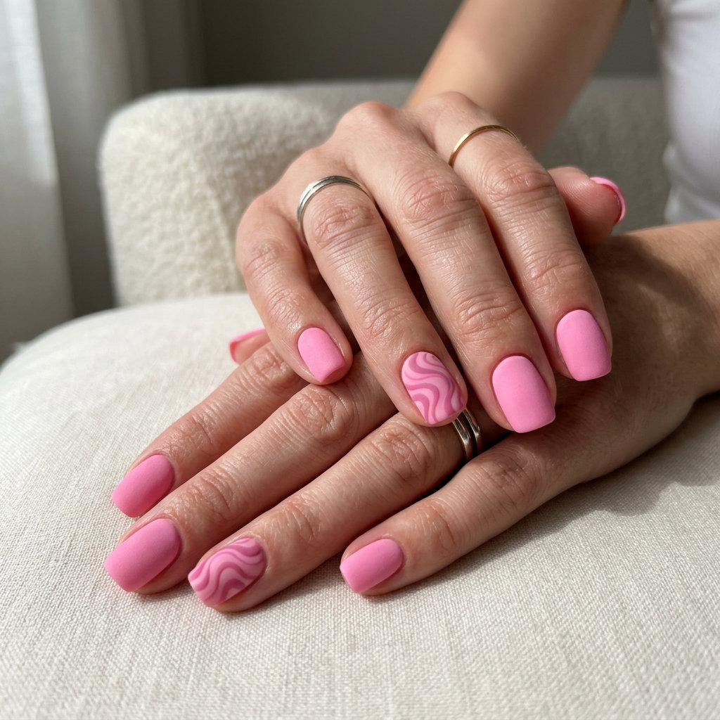 Playful bright bubblegum pink nails with matte swirls for casual outings. Edgy pink summer nails 2026.
