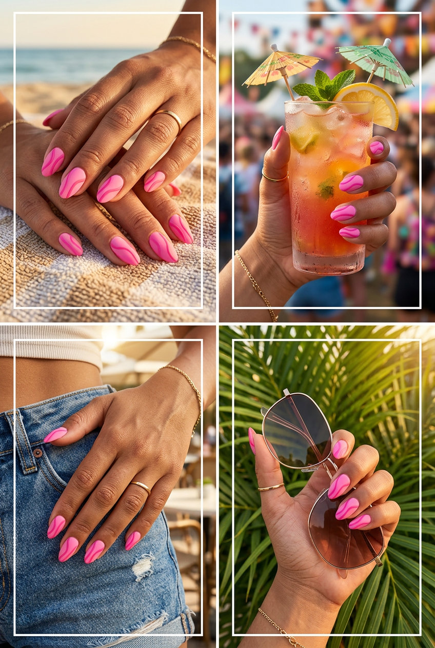 Edgy bubblegum pink textured line nails for festivals and concerts. Pink summer nails 2026.