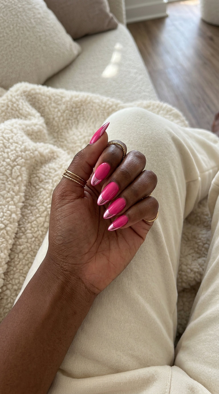 Hot pink chrome French tip nails for a glamorous party or night out. Pink summer nails 2026.