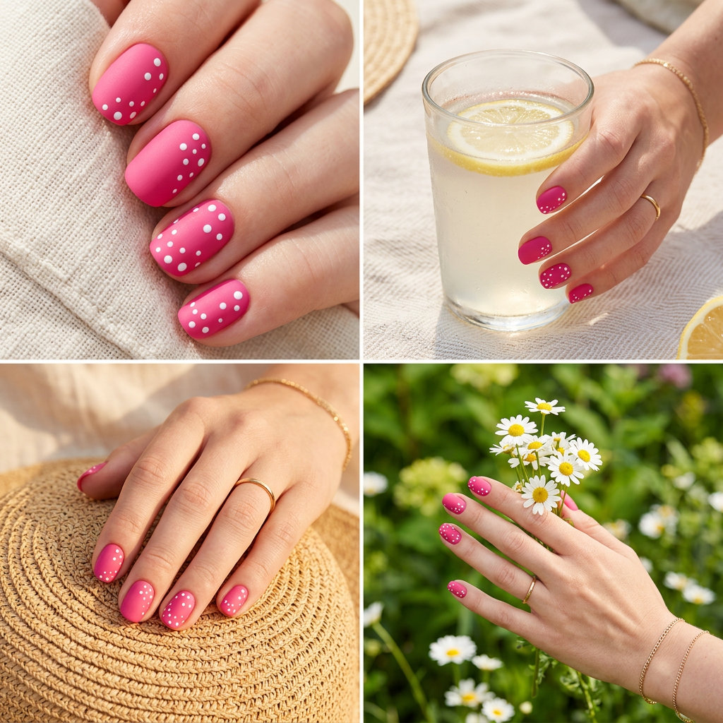 Hot pink matte polka dot nails for a playful casual outing or summer picnic. Pink summer nails 2026.