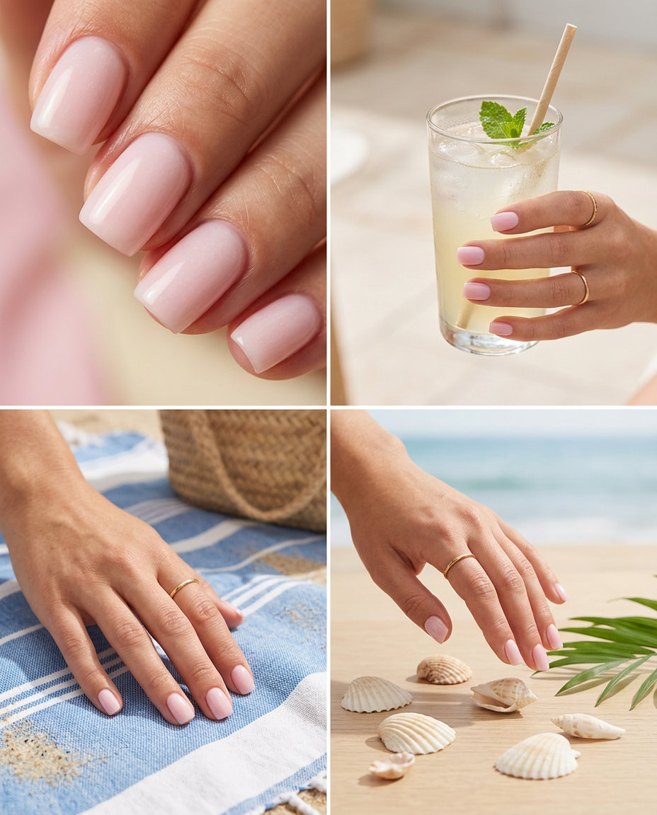 Polished pastel pink milky nails for daily wear and work. Clean-girl pink summer nails 2026.