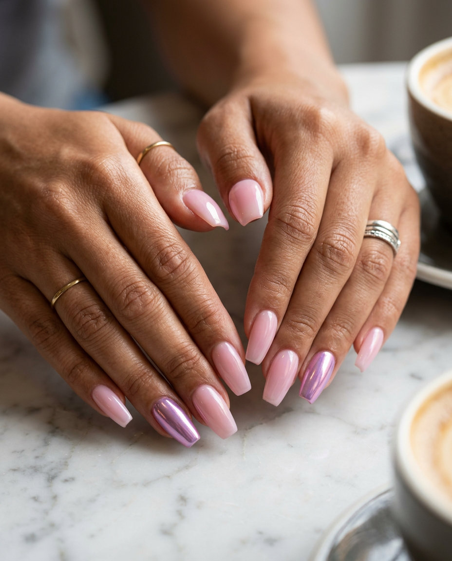 Chic milky pink nails with a futuristic pink-purple chrome accent for date nights. Pink summer nails 2026.