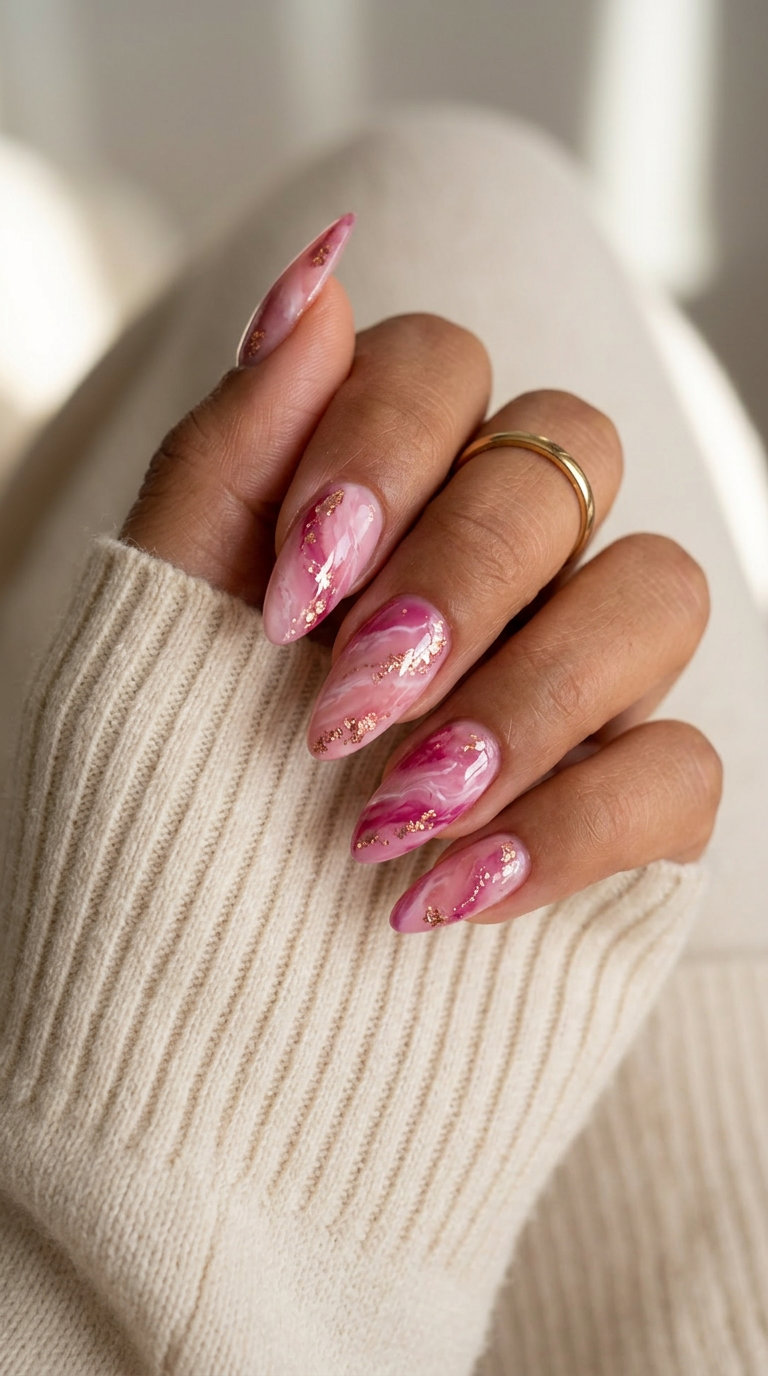 Pink marble foil flake nails for a bohemian festival or casual event. Pink summer nails 2026.