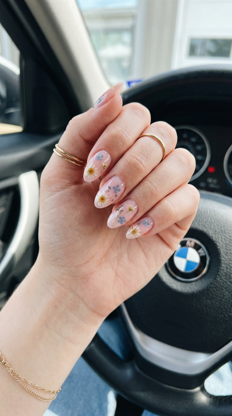 Romantic sheer milky pink nails with embedded floral elements for weddings. Pink summer nails 2026.