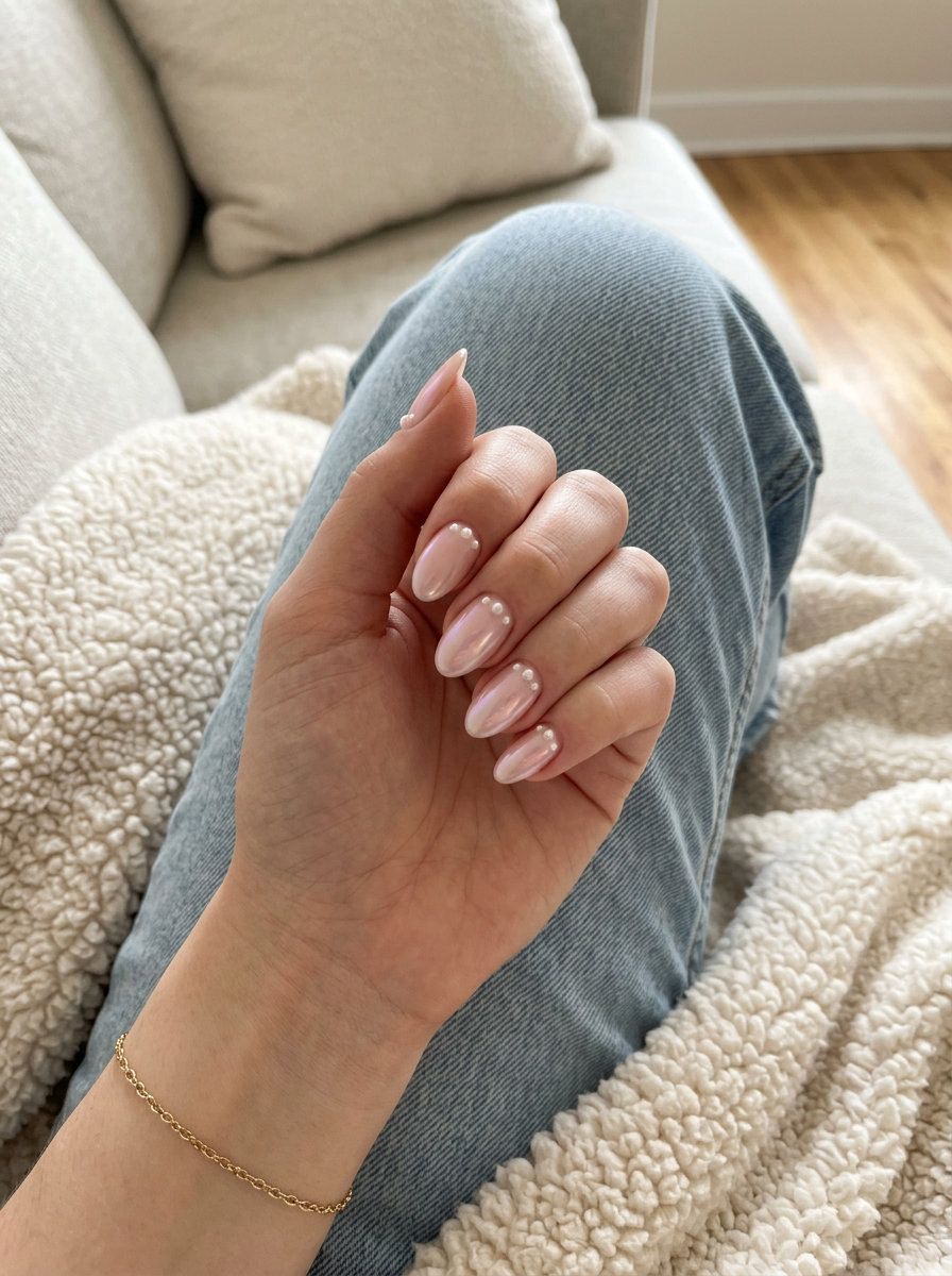 Sheer pink nails with pearlescent sheen and ivory pearls for bridal showers and wedding guests. Pink summer nails 2026.