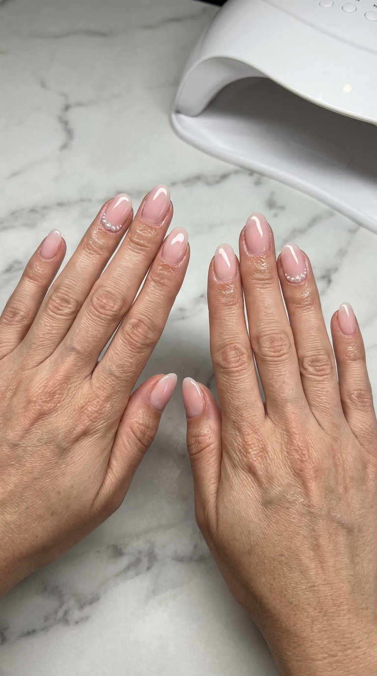 Sheer pink nails with 3D pearls for a romantic wedding guest look. Pink summer nails 2026.