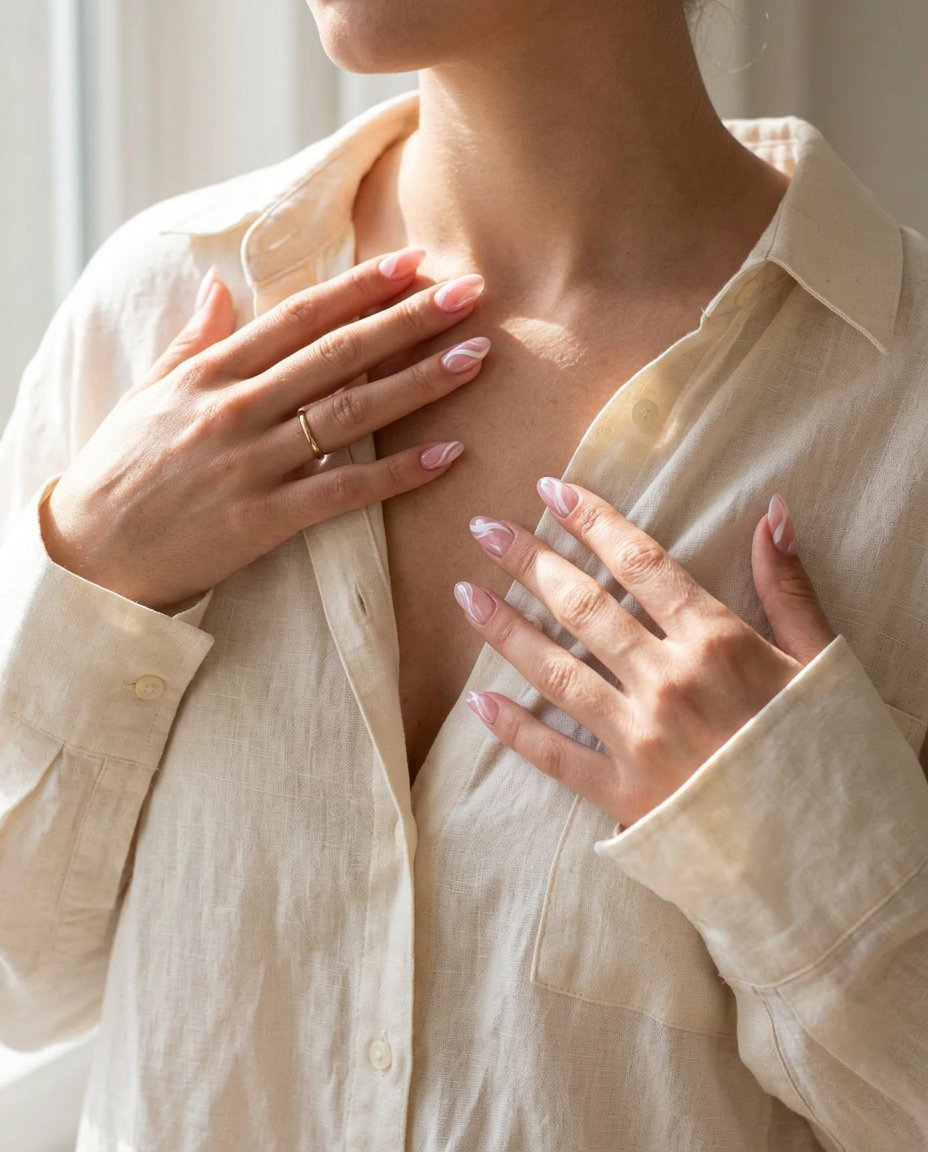 Clean-girl artistic pink nails with abstract white swirls. Minimalist pink summer nails 2026 for work and events.