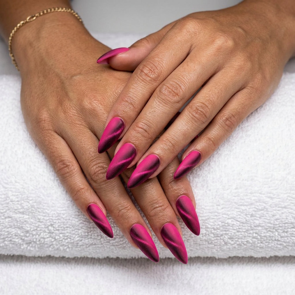 Sultry hot pink velvet cat-eye nails for date nights and nights out. Luxurious pink summer nails 2026.