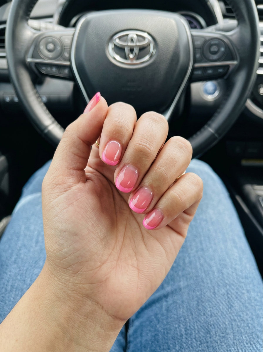 Refreshing watermelon pink jelly nails with vibrant pink French tips for daily wear. Pink summer nails 2026.