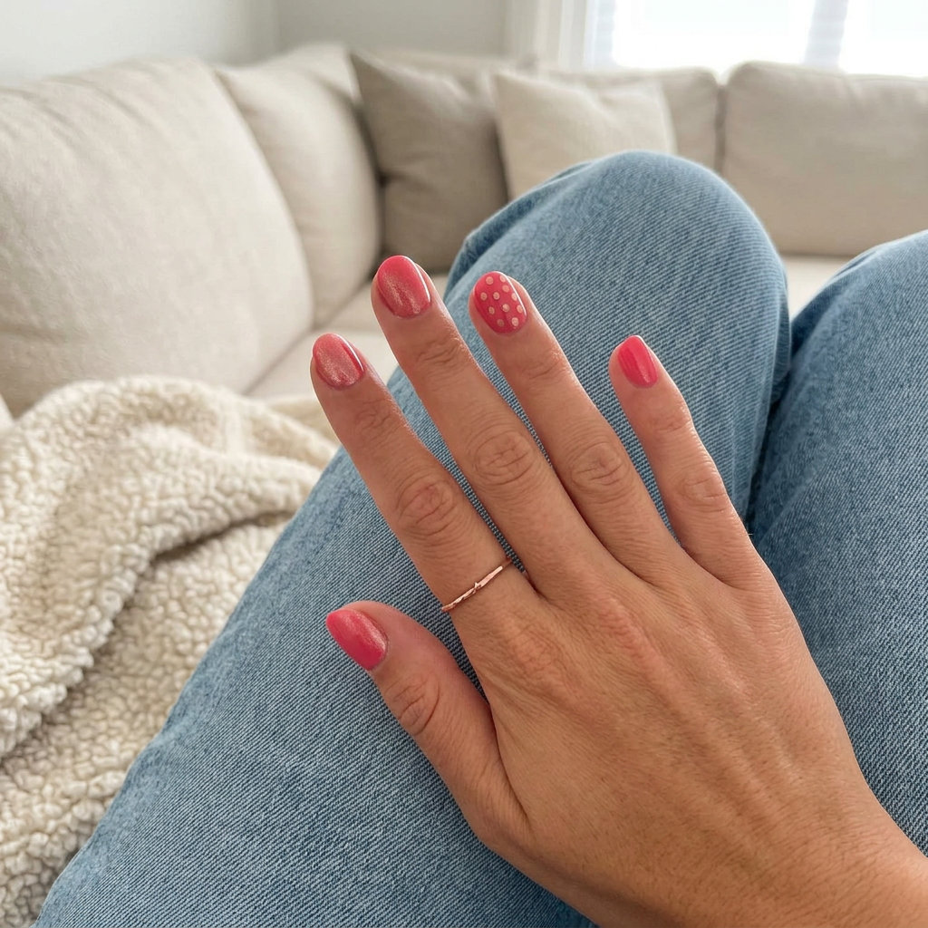 Playful watermelon pink nails with rose gold shimmer and dots for summer festivals. Vibrant pink summer nails 2026.