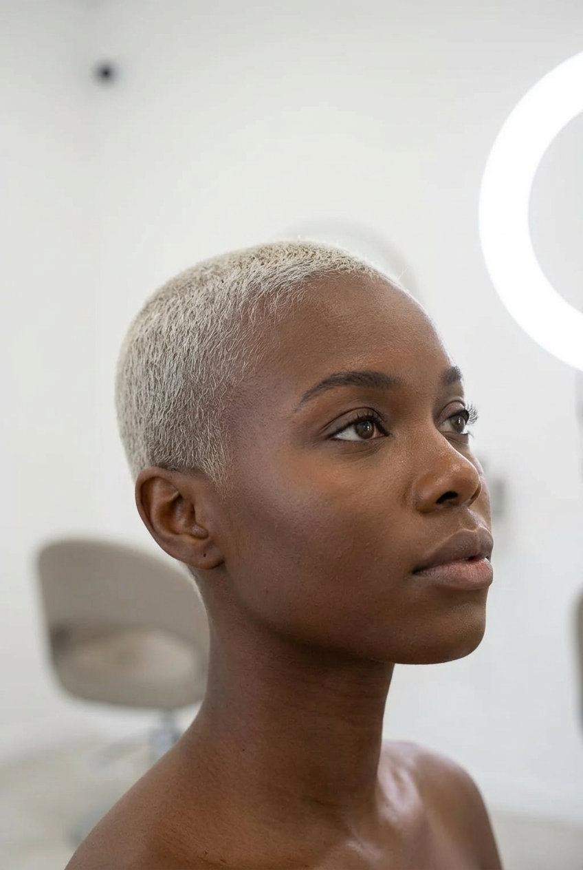 very short platinum ash blonde buzz cut with icy silver, uniform clipper cut for bold look