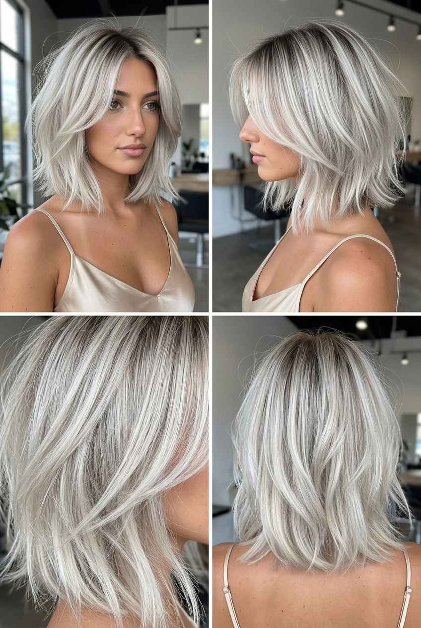 bob-length wolf cut in cool platinum blonde with silver undertones, dark vanilla root, and airy point-cut layers for breezy style