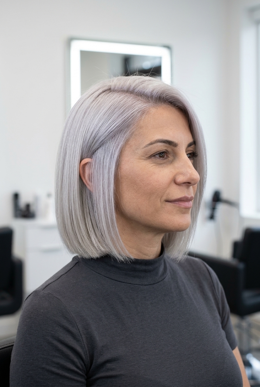 chin-length bob haircut with icy platinum blonde, razor-sharp blunt cut, deep side part for professional presentation