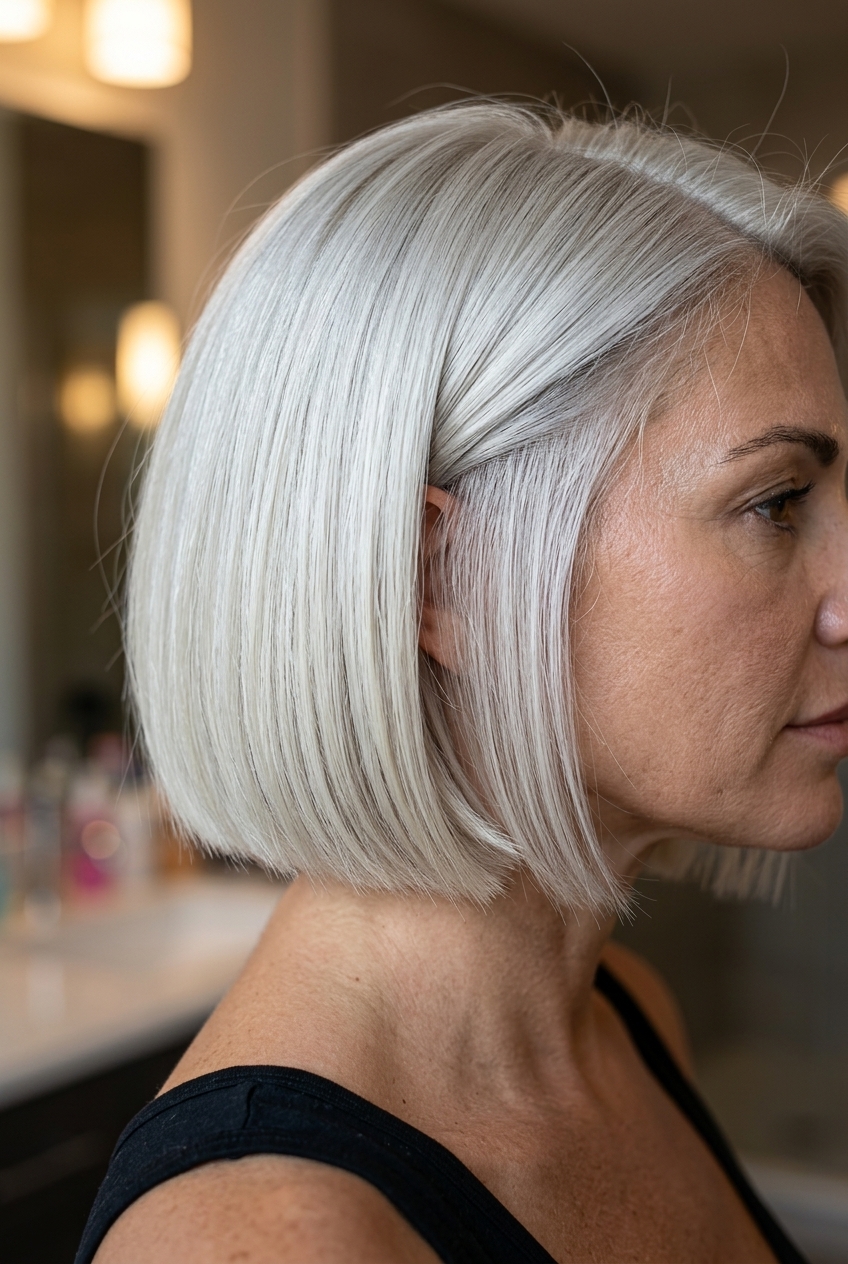 chin-length bob haircut with icy platinum blonde, hidden undercut, no fringe for date night