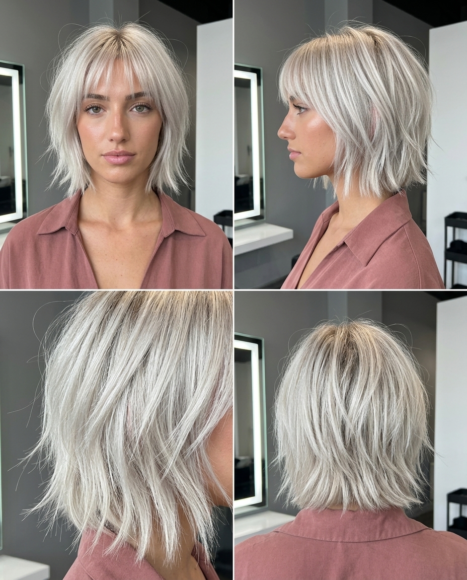 chin-length shag bob with cool platinum blonde and silver-white undertone, razored layers, wispy micro-fringe — edgy modern
