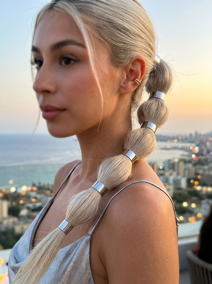 long platinum blonde bubble ponytail with metallic accents, no fringe — bold
