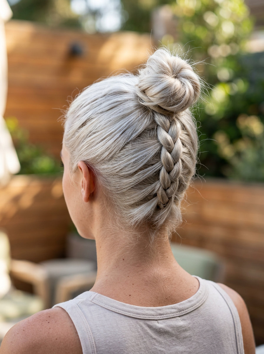 Playful Platinum French Braid Top Knot 2026 long platinum blonde braided updo with icy pearl highlights, tight French braid top knot for festival
