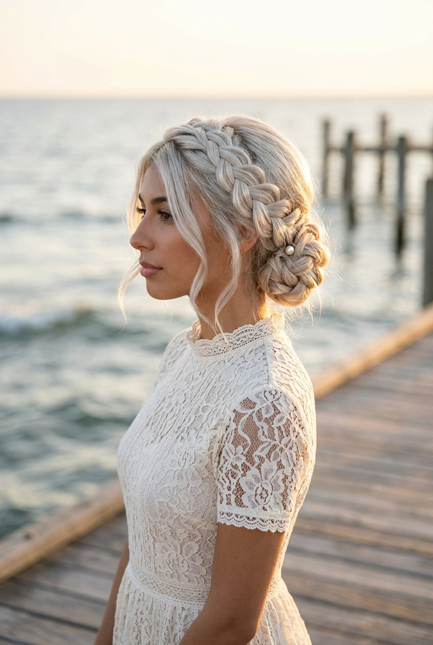 Platinum Waterfall Braid Updo 2026 long waterfall braid updo in platinum blonde with pearl accents for date night