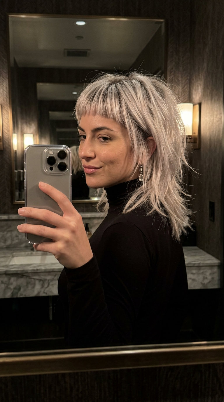 medium-length shag haircut with icy platinum blonde and charcoal root smudge, razored layers, blunt micro-fringe — edgy rebellious