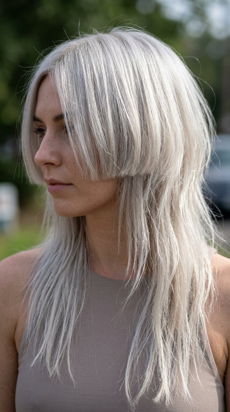 mid-length jellyfish wolf cut in icy platinum blonde with dark root shadow