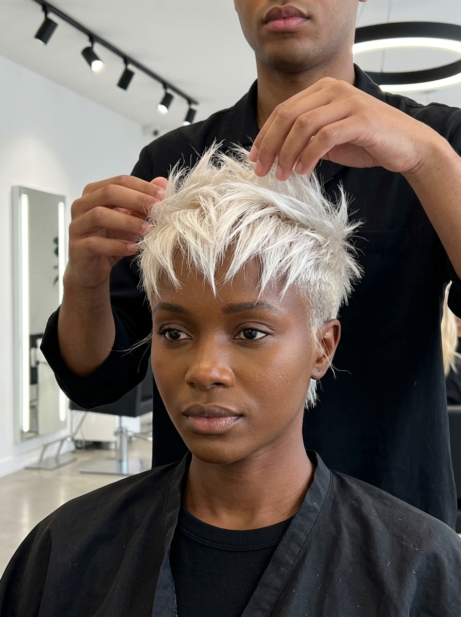 short platinum blonde bixie with faded undercut, choppy top layers, no bangs — edgy rebellious