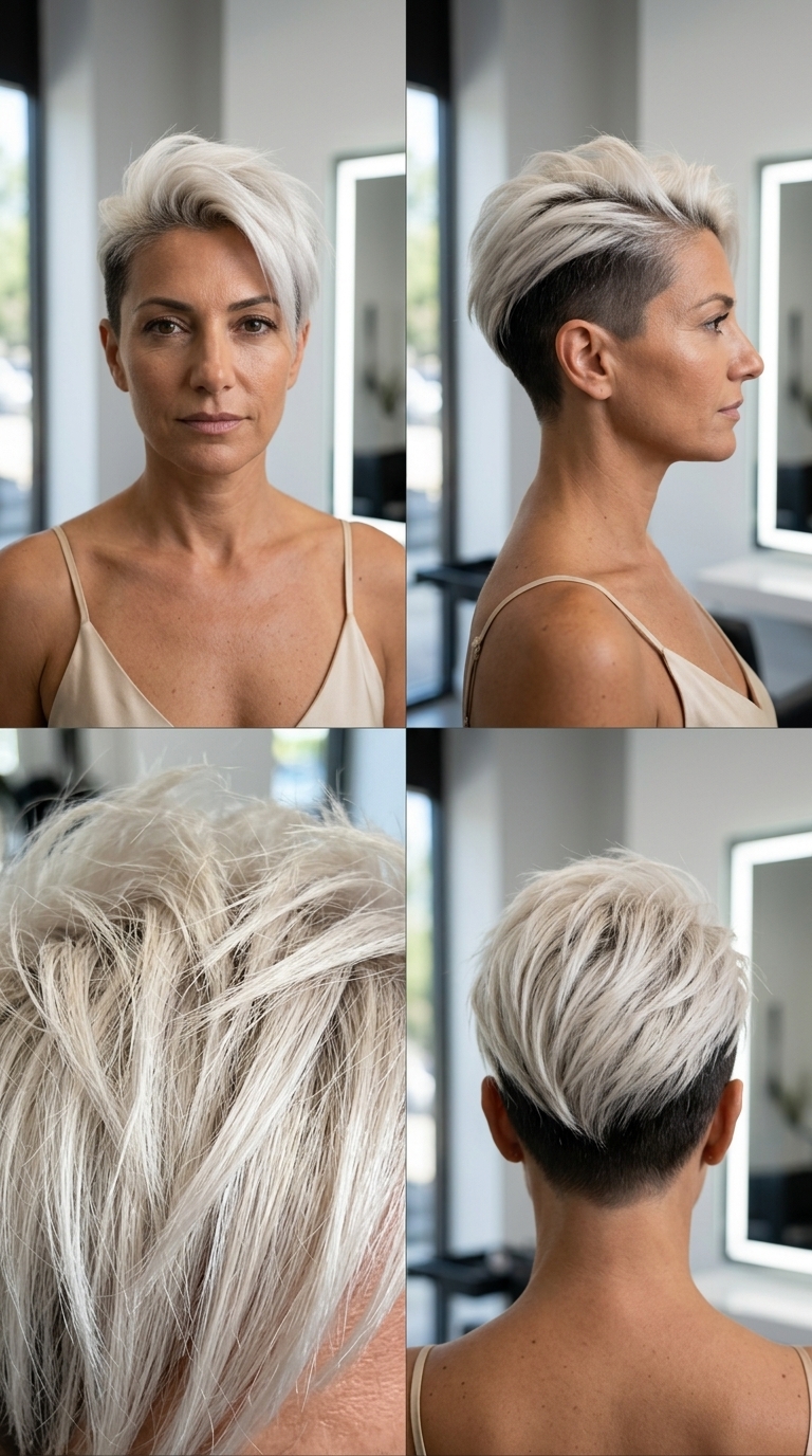 short undercut haircut with icy platinum blonde, closely shaved sides, long textured top for festival