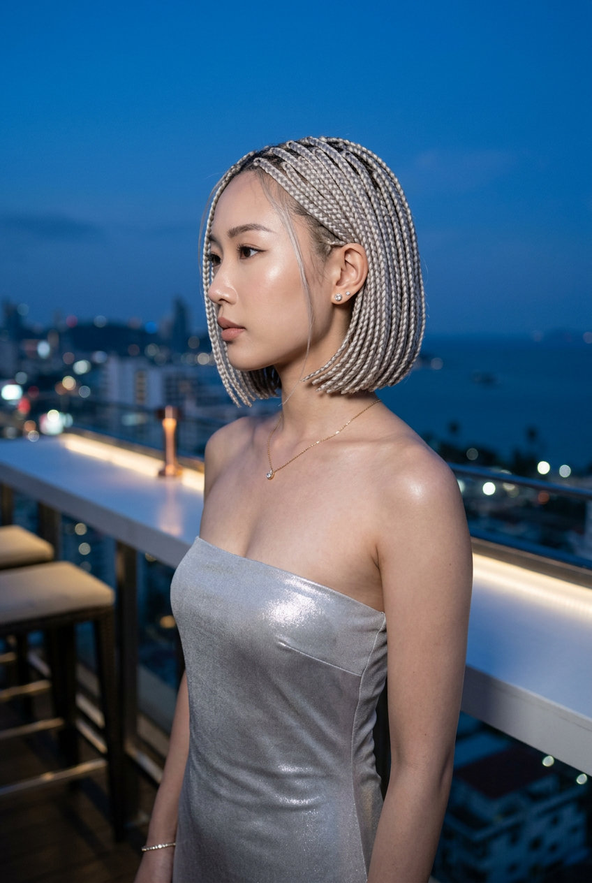 Platinum ice braided bob hairstyle with inward curved ends for summer 2026